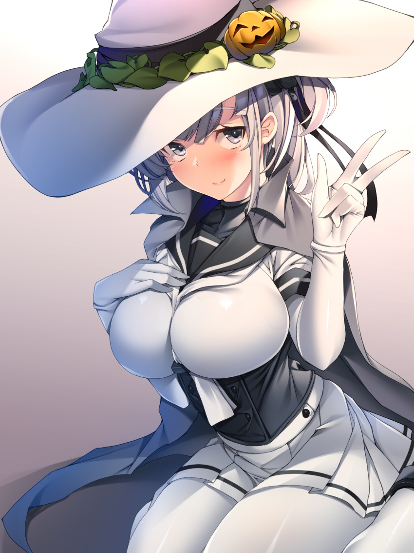 1girl blush bodysuit breasts cape cleavage commentary_request corset hand_on_own_chest hat highres jack-o'-lantern kantai_collection large_breasts leaf pleated_skirt pumpkin short_hair sitting skirt smile solo suzutsuki_(kantai_collection) torisan v wariza white_bodysuit white_hair witch_hat