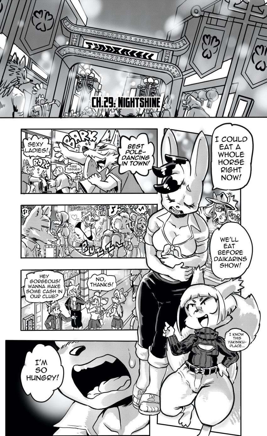 anthro breasts canid canine canis cleavage cleavage_cutout clothed clothing comic cookie_(furryfight_chronicles) daigaijin dialogue english_text female fur furryfight_chronicles group hair hi_res lagomorph leporid male mammal monochrome muko rabbit rodent sciurid text tree_squirrel wolf