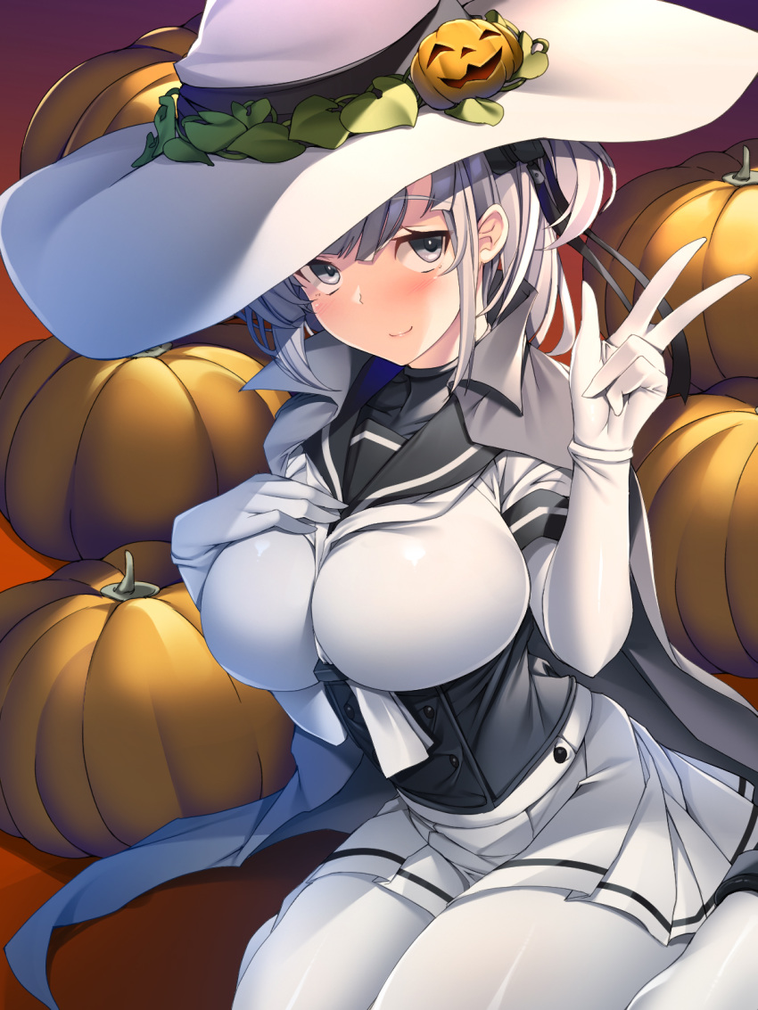 1girl blush bodysuit breasts cape cleavage corset hand_on_own_chest hat highres jack-o'-lantern kantai_collection large_breasts leaf pleated_skirt pumpkin short_hair sitting skirt smile solo suzutsuki_(kantai_collection) torisan v wariza white_bodysuit white_hair witch_hat