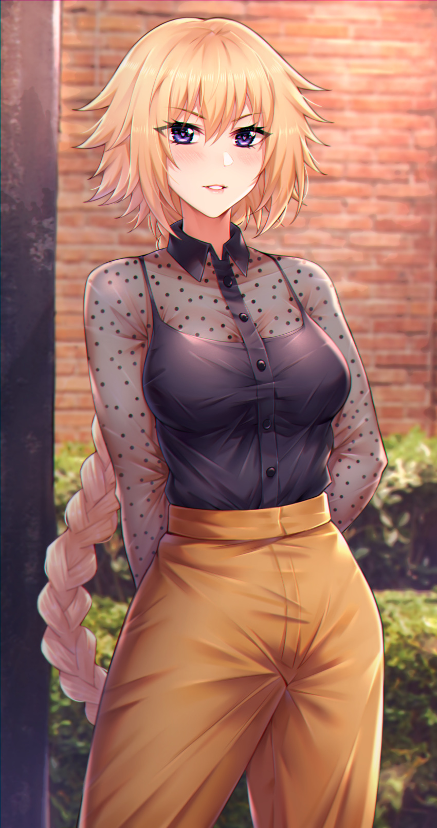 1girl absurdres alternate_costume arms_behind_back bangs blonde_hair blue_eyes blush braid breasts choukoukou_no_diaosi clothes_tucked_in collared_shirt commentary_request cowboy_shot dress_shirt eyebrows_visible_through_hair fate/grand_order fate_(series) highres jeanne_d'arc_(fate) jeanne_d'arc_(fate)_(all) large_breasts long_braid long_hair long_sleeves looking_at_viewer outdoors pants purple_eyes see-through see-through_shirt see-through_sleeves shirt shirt_tucked_in single_braid smile solo standing stone_wall teeth very_long_hair wall
