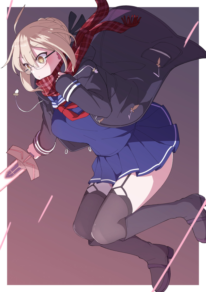 1girl ahoge akitokage01 artoria_pendragon_(all) bangs black-framed_eyewear black_jacket black_legwear blonde_hair blue_shirt blue_skirt boots border braid breasts commentary_request excalibur fate/grand_order fate_(series) french_braid from_side full_body garter_straps glasses hand_up highres holding holding_sword holding_weapon jacket knee_boots knees_together_feet_apart long_sleeves miniskirt mysterious_heroine_x_(alter) neckerchief open_clothes outside_border plaid plaid_scarf pleated_skirt red_scarf rimless_eyewear sailor_collar scarf school_uniform serafuku shirt short_hair skirt sleeves_past_wrists solo sword thighhighs weapon white_border yellow_eyes zettai_ryouiki