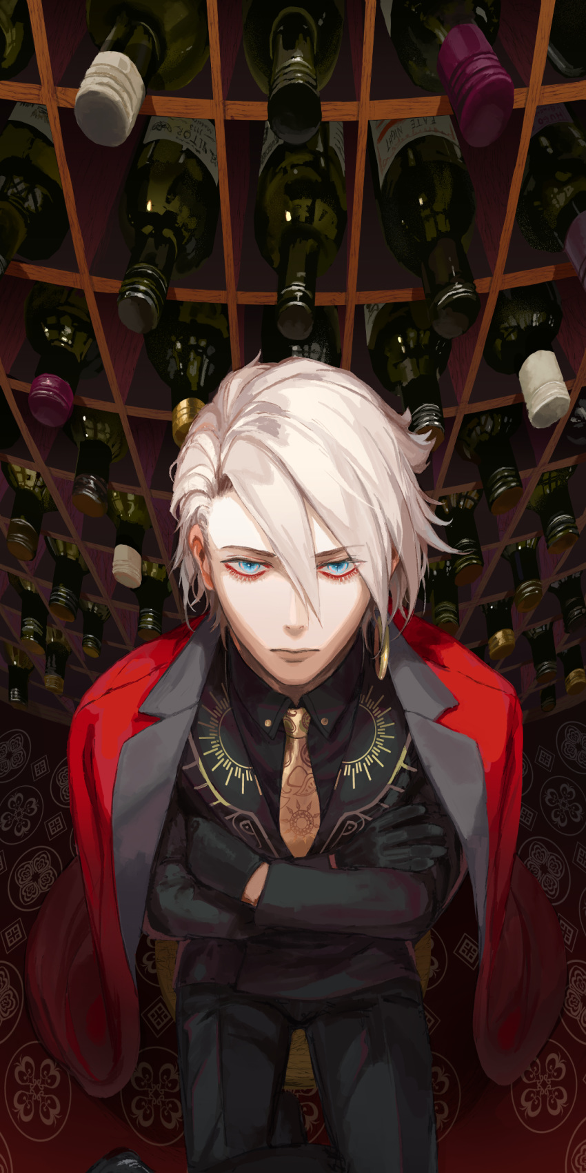 1boy bangs black_gloves black_jacket black_pants black_shirt black_suit blue_eyes bottle closed_mouth coat coat_on_shoulders commentary cowboy_shot crossed_arms crossed_legs dress_shirt fate/grand_order fate_(series) formal from_above gloves hair_between_eyes heroic_spirit_formal_dress highres indoors jacket karna_(fate) long_coat long_sleeves looking_at_viewer male_focus necktie pale_skin pants pinlin rack red_coat shirt short_hair solo white_hair wine_bottle yellow_neckwear