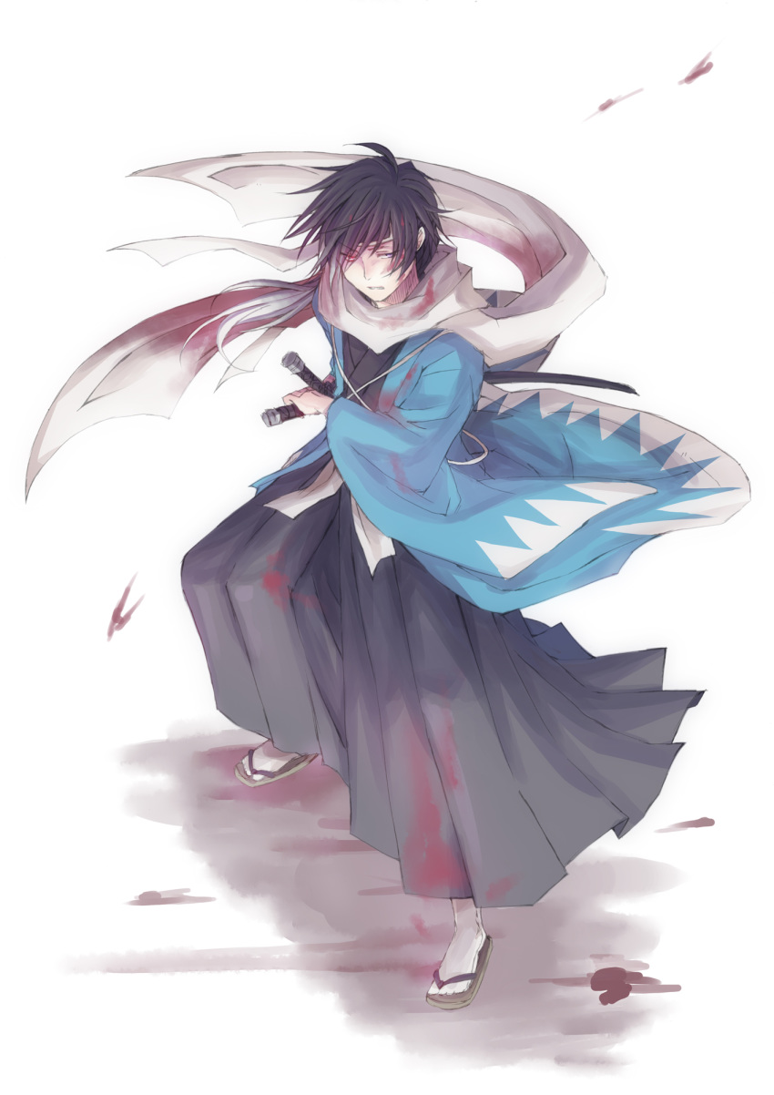 1boy blood blood_stain hakama hakuouki_shinsengumi_kitan headband heterochromia highres japanese_clothes katana long_hair male_focus physics_point red_eyes saitou_hajime_(hakuouki) sandals scarf simple_background solo sword weapon white_background white_headband white_legwear white_scarf