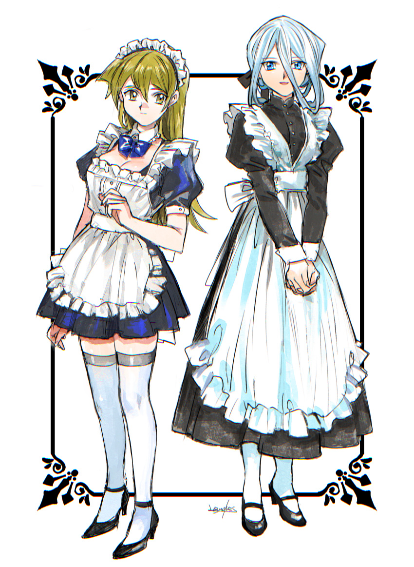 203wolves 2girls :d alternate_costume apron bangs black_footwear black_shirt black_skirt blonde_hair blue_eyes blue_neckwear blue_shirt blue_skirt breasts cleavage detached_collar dress_shirt enmaided frilled_apron frills full_body hair_between_eyes hands_together high_heels highres kisara large_breasts long_hair long_skirt maid maid_headdress multiple_girls open_mouth pleated_skirt pumps shiny shiny_hair shirt short_sleeves signature silver_hair sketch skirt smile solo standing straight_hair tenjouin_asuka thighhighs white_apron white_legwear yellow_eyes yu-gi-oh! yu-gi-oh!_gx zettai_ryouiki