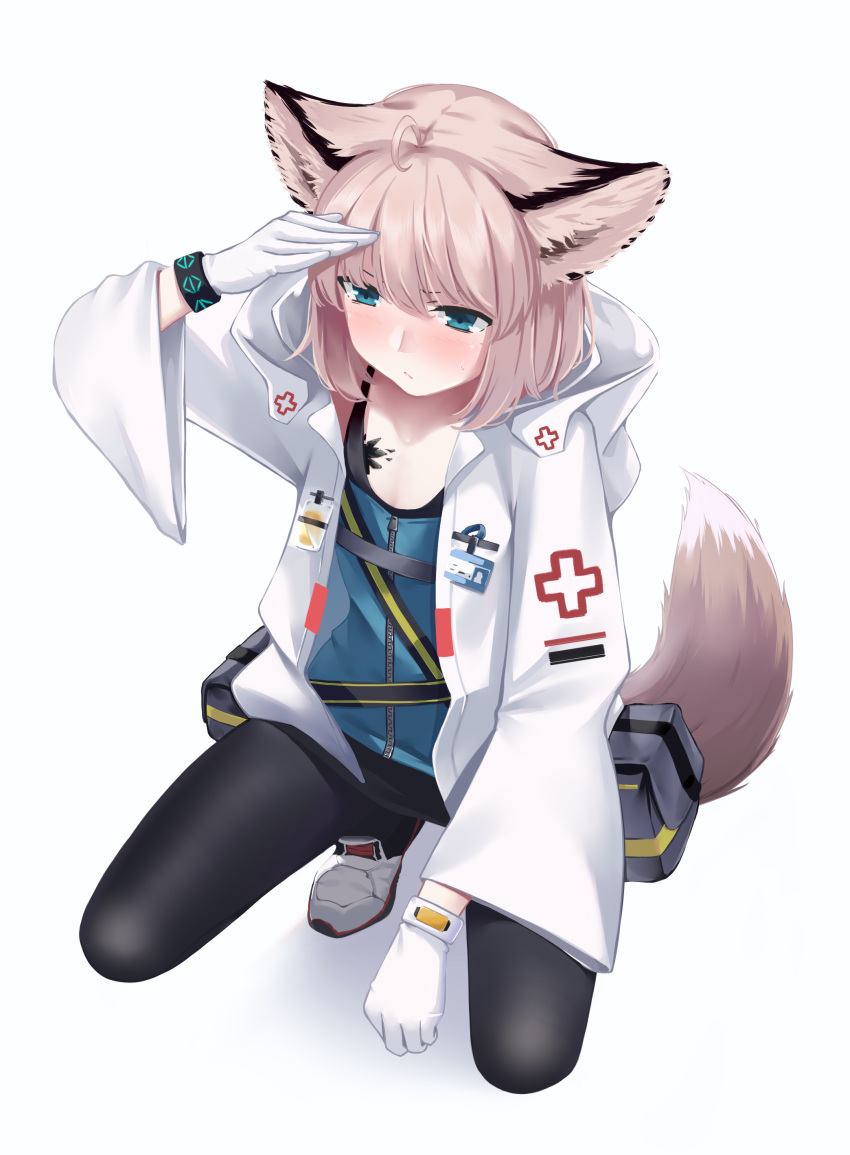 1girl absurdres ahoge animal_ears arknights arm_up bangs black_legwear blue_eyes blue_shirt blush chinese_commentary commentary_request fox_ears fox_tail gloves highres jacket long_sleeves nestea open_clothes open_jacket oripathy_lesion_(arknights) pantyhose pouch shirt short_hair silver_hair simple_background solo squatting sussurro_(arknights) tail white_background white_gloves white_jacket wide_sleeves