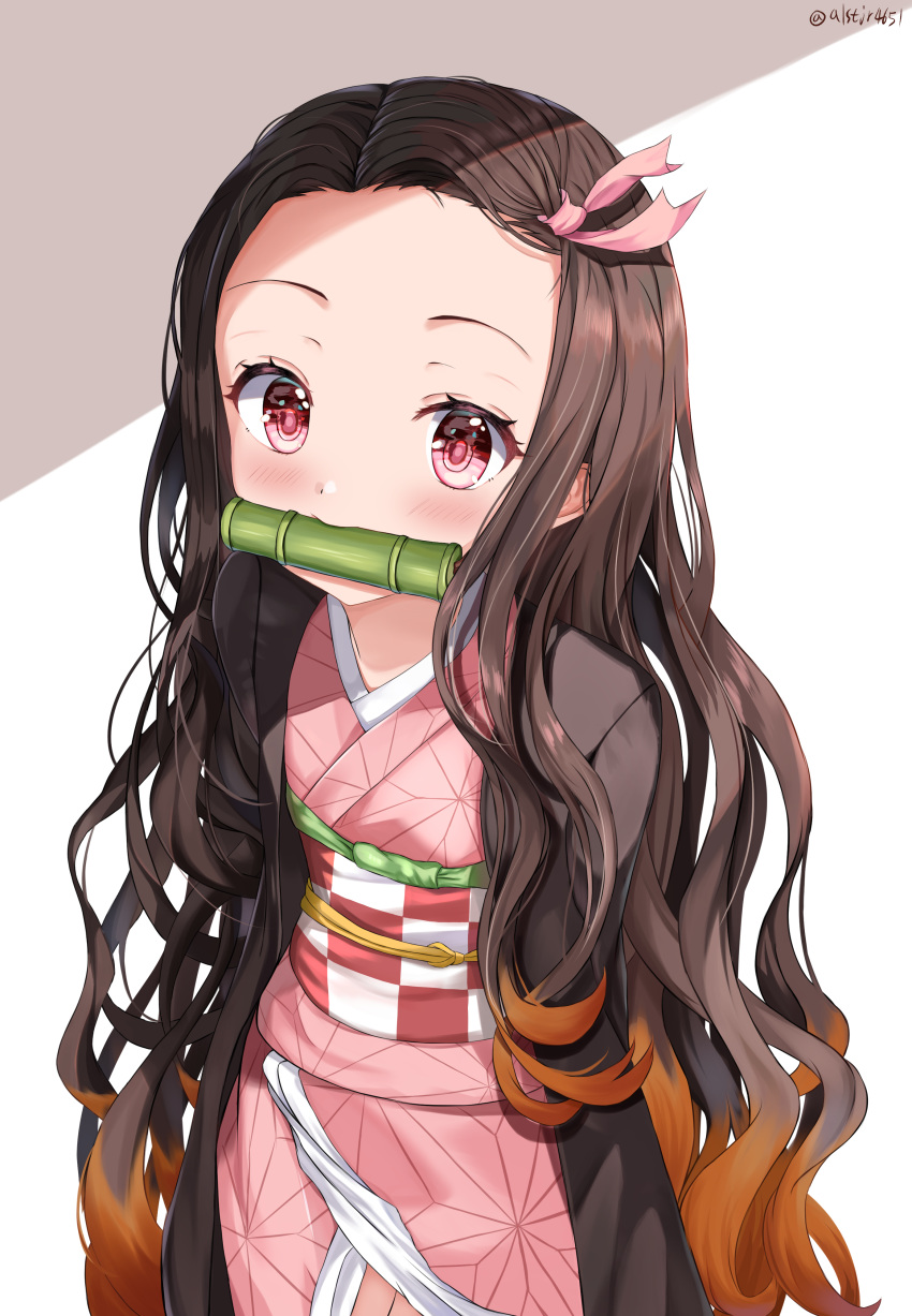 1girl absurdres bamboo bangs bit_gag black_hair blush brown_hair commentary_request cowboy_shot forehead gag gradient_hair hair_ribbon highres japanese_clothes kamado_nezuko kimetsu_no_yaiba kimono long_hair long_sleeves looking_at_viewer mouth_hold multicolored_hair obi open_clothes pink_eyes pink_kimono pink_ribbon ribbon sash solo two-tone_hair zeroillya