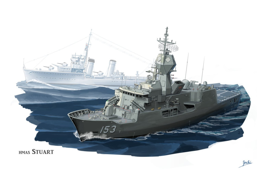 anchor commission deck_gun destroyer flight_deck frigate hmas_stuart_(d00/i00) hmas_stuart_(ffh153) mast military military_vehicle no_humans original rigging ship shiro_yukimichi sign skeb_commission torpedo_launcher torpedo_tubes turret warship water watercraft waves