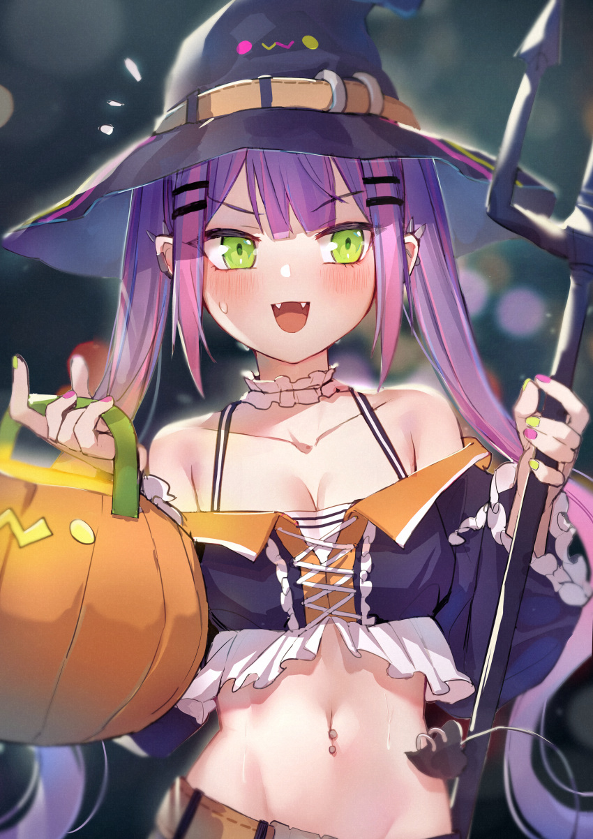 1girl :d absurdres adapted_costume bare_shoulders basket bibi_(tokoyami_towa) black_headwear black_shirt breasts choker cleavage collarbone crop_top crop_top_overhang demon_tail ear_piercing fangs frilled_choker frills green_eyes groin hair_ornament hairclip halloween hat highres holding hololive long_hair long_sleeves looking_at_viewer medium_breasts midriff mr.lime multicolored multicolored_nails nail_polish navel navel_piercing off-shoulder_shirt off_shoulder open_mouth piercing pitchfork pumpkin purple_hair shirt sidelocks smile solo spaghetti_strap stomach sweat tail tail_piercing tokoyami_towa twintails undershirt upper_body v-shaped_eyebrows virtual_youtuber white_shirt witch_hat