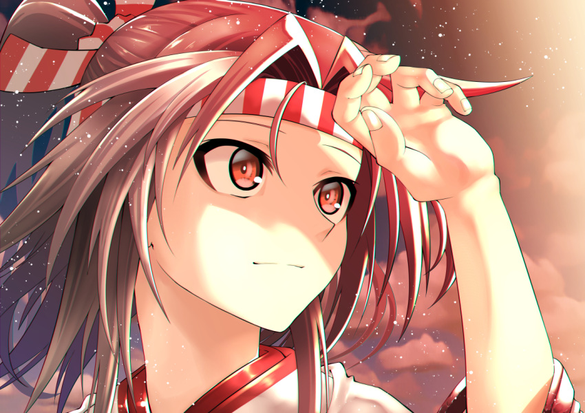 1girl akaneharu_ohkami brown_hair closed_mouth cloud face hachimaki hair_ribbon headband japanese_clothes kantai_collection light_particles long_sleeves ponytail ribbon shading_eyes sky solo upper_body zuihou_(kantai_collection)