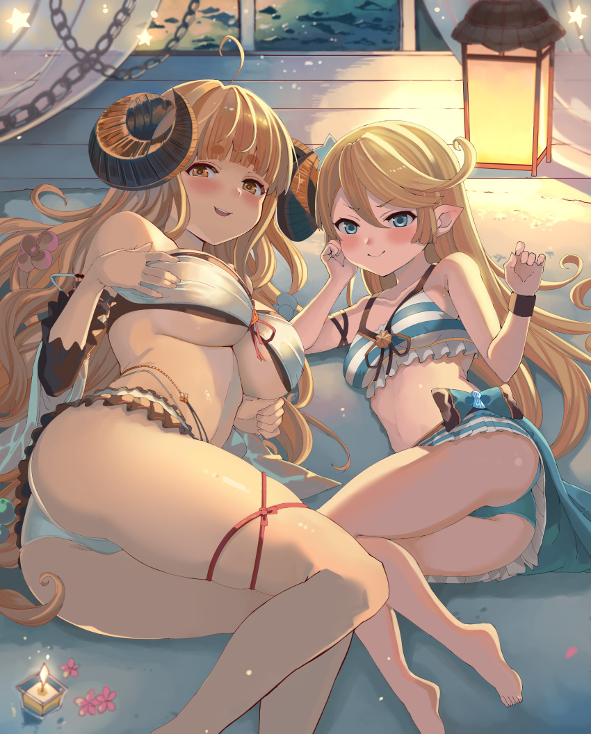 2girls absurdres ahoge anila_(granblue_fantasy) ass bangs bare_shoulders bikini blonde_hair blue_eyes blush breasts charlotta_fenia draph granblue_fantasy harvin highres horns large_breasts legs long_hair looking_at_viewer multiple_girls nuko_(mikupantu) open_mouth pointy_ears sheep_horns short_eyebrows small_breasts smile swimsuit thick_eyebrows thighs very_long_hair yellow_eyes