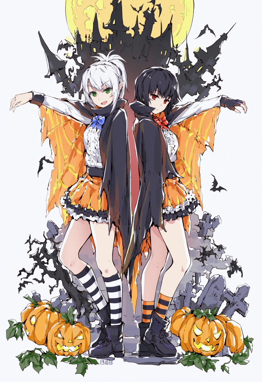 2girls black_cape black_footwear black_gloves black_hair blue_neckwear boots bow bowtie cape castle closed_mouth fang fingerless_gloves full_body full_moon gloves green_eyes grey_background halloween highres jack-o'-lantern long_sleeves looking_at_viewer moon multiple_girls open_mouth orange_skirt original outstretched_arm pointy_ears pumpkin red_eyes red_neckwear shibanme_tekikumo short_hair simple_background skirt smile socks standing striped striped_legwear white_hair
