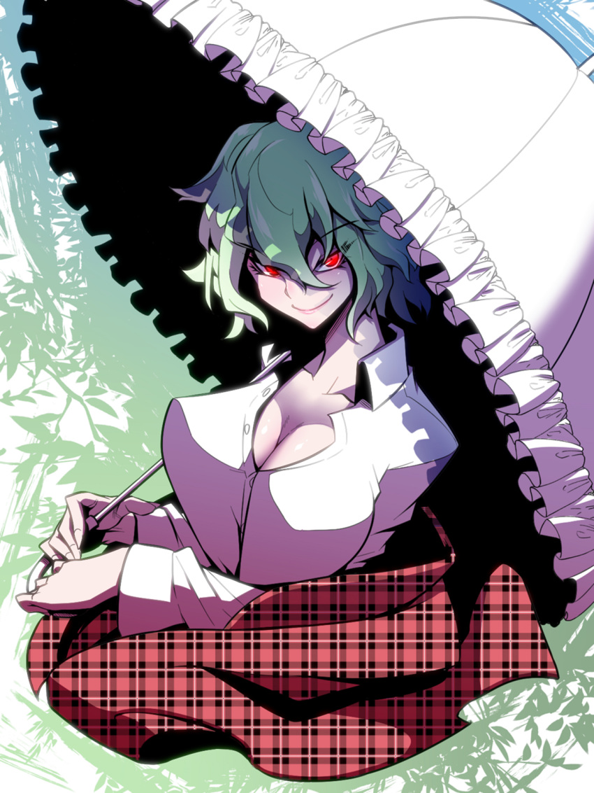 1girl breasts cleavage collared_shirt commentary eyebrows_visible_through_hair frilled_umbrella green_hair hair_between_eyes highres jin_(mugenjin) kazami_yuuka leaf leaf_background long_sleeves looking_at_viewer parasol partially_unbuttoned plaid plaid_skirt red_eyes shirt short_hair skirt smile solo touhou umbrella wavy_hair youkai