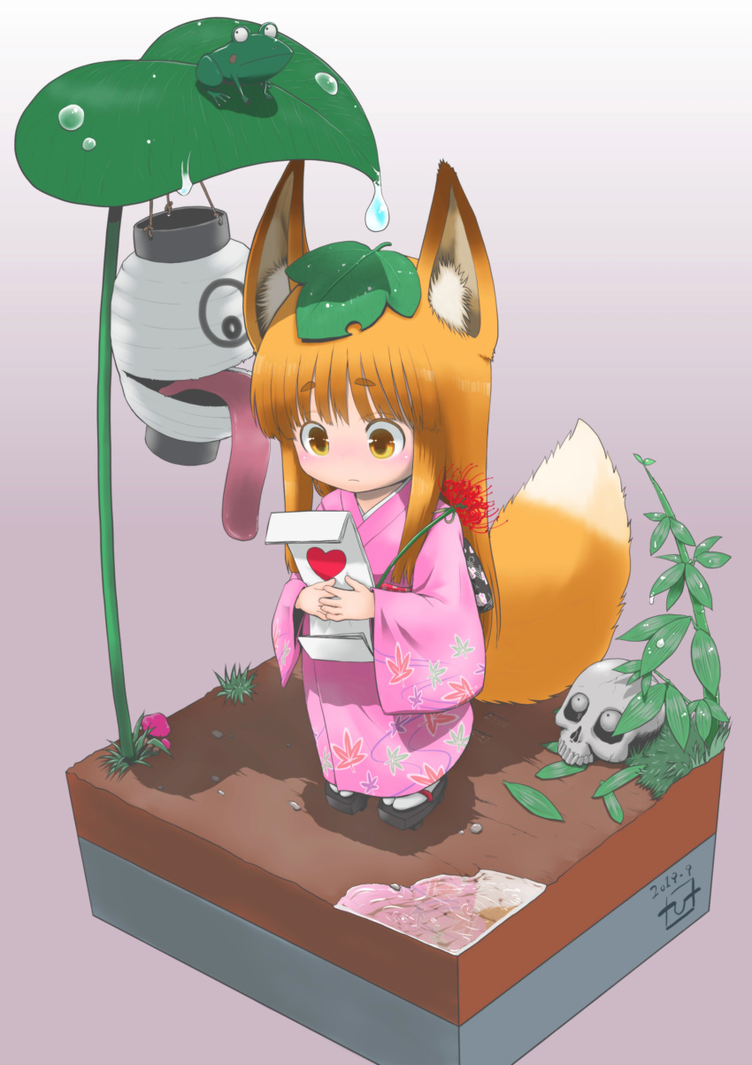 1girl 3others absurdres animal_ear_fluff animal_ears bangs black_eyes blush chouchin_obake closed_mouth commentary_request dated dirt eyebrows_visible_through_hair flower flower_request fox_ears fox_tail frog geta gradient gradient_background grass heart highres holding holding_flower japanese_clothes kimono lantern leaf leaf_on_head leaf_print leaf_umbrella long_hair long_sleeves long_tongue looking_at_another multiple_others obi oonuma_hiroshi orange_hair original paper_lantern pink_kimono plant print_kimono sash short_eyebrows signature simple_background skull solo_focus standing tail thick_eyebrows tongue tongue_out yellow_eyes youkai