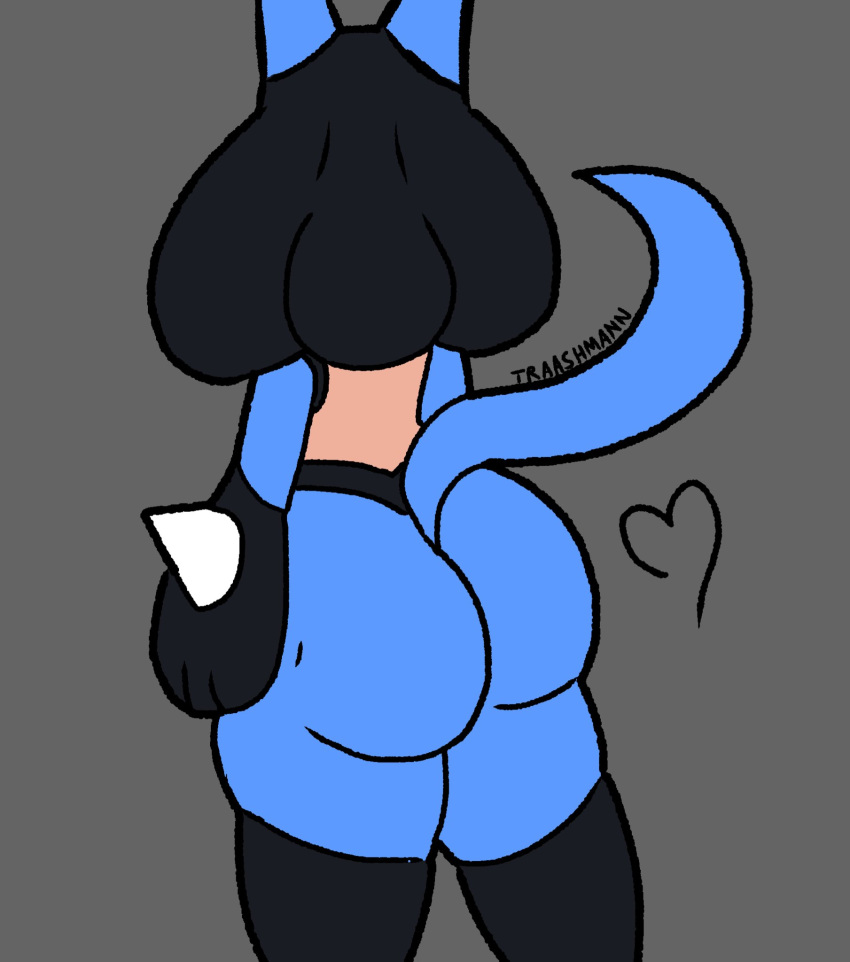 &lt;3 ambiguous_gender anthro big_butt blue_body blue_fur butt fur hi_res humanoid lucario nintendo pok&eacute;mon pok&eacute;mon_(species) rear_view simple_background simple_coloring solo spikes spikes_(anatomy) traashmann video_games