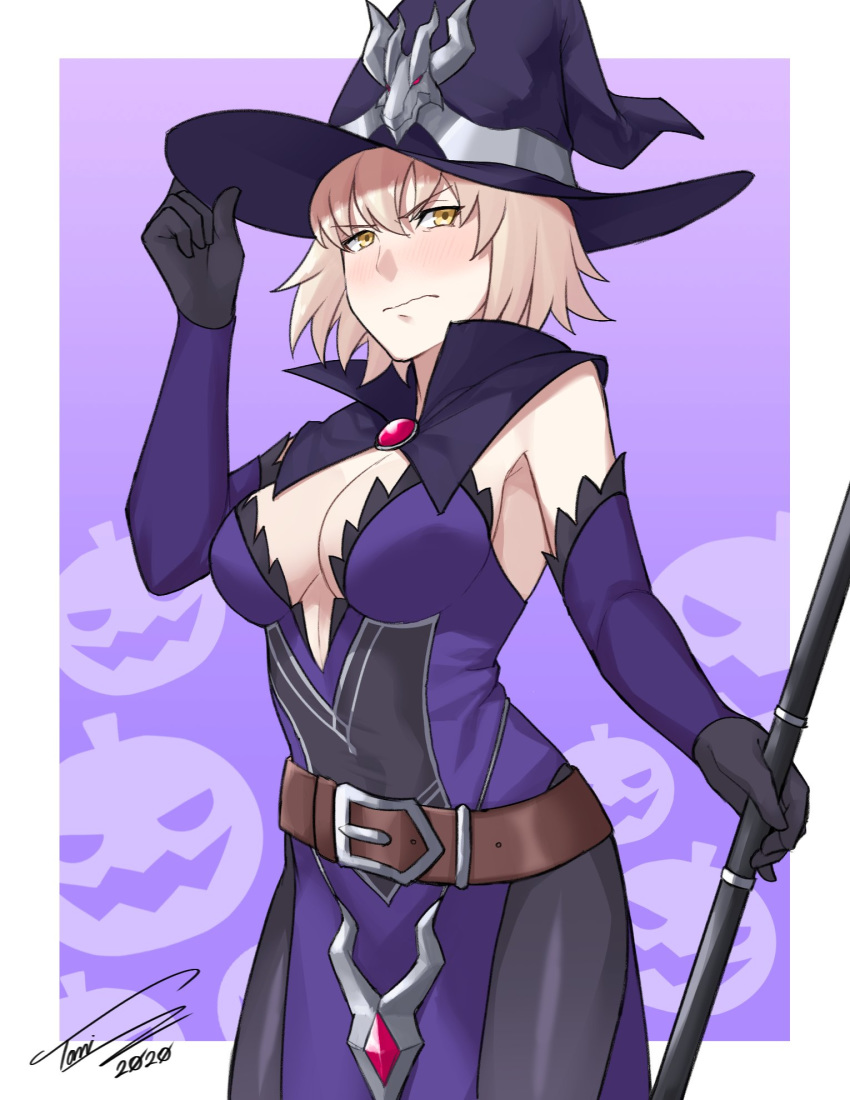 1girl adjusting_clothes adjusting_headwear armpits black_gloves black_legwear blush border breasts cleavage detached_collar detached_sleeves dress embarrassed fate/grand_order fate_(series) gloves grey_hair halloween_costume hat highres holding holding_staff jeanne_d'arc_(alter)_(fate) jeanne_d'arc_(fate)_(all) large_breasts looking_at_viewer pale_skin pantyhose purple_background purple_dress purple_headwear purple_sleeves short_hair side_slit signature solo staff toni_nguyen wavy_mouth white_border witch witch_hat yellow_eyes