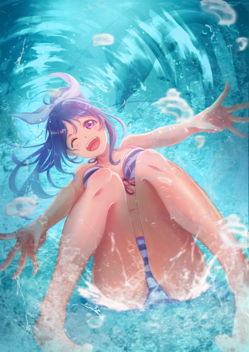 1girl bikini blue_hair blush breasts breasts_apart caustics dolphin food front-tie_top fruit highres legs love_live! love_live!_school_idol_project love_live!_sunshine!! macken666 matsuura_kanan navel one_eye_closed outstretched_arms ponytail purple_eyes ribbon smile solo striped striped_bikini swimsuit thighs tongue tongue_out watermelon white_ribbon