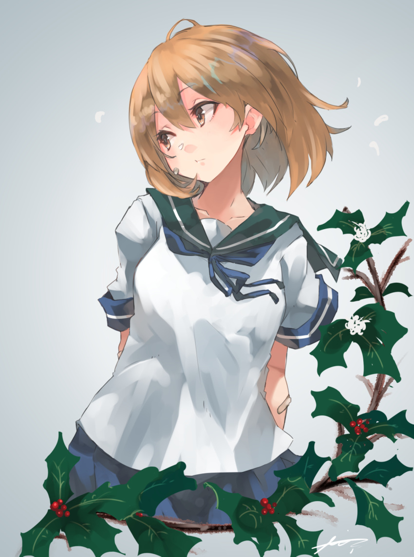 1girl arms_behind_back bandaid bandaid_on_face blue_neckwear blue_sailor_collar blue_skirt brown_eyes brown_hair cowboy_shot grey_background highres holly kantai_collection looking_to_the_side neck_ribbon oboro_(kantai_collection) pleated_skirt ribbon sailor_collar short_hair skirt solo sunday_aki symbol_commentary upper_body