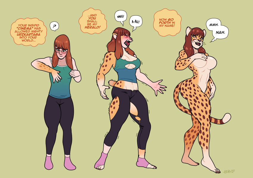 2020 anthro blackshirtboy blush breast_expansion breasts brown_hair butt butt_expansion cheetah clothing dialogue english_text expansion eyes_closed eyewear felid feline female glasses green_background growth hair hand_on_breast hi_res human human_to_anthro mammal nude open_mouth sequence simple_background smile solo species_transformation standing tail_growth text torn_clothing transformation unseen_character whiskers