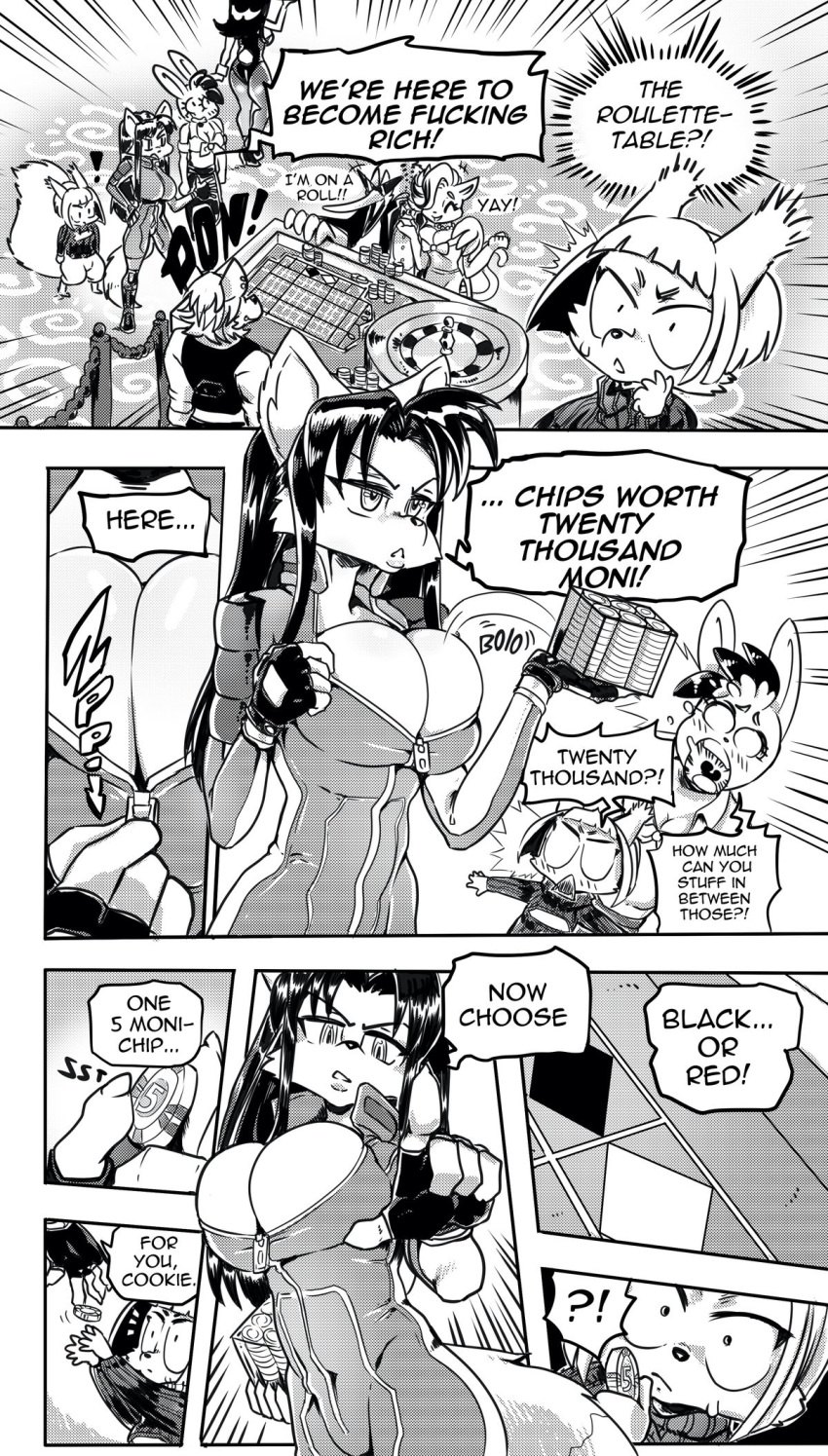 ! anthro breasts canid canine cleavage clothed clothing comic cookie_(furryfight_chronicles) daigaijin dialogue english_text female fox fur furryfight_chronicles group hair hi_res kalita_(furryfight_chronicles) lagomorph leporid mammal midriff muko rabbit rodent sciurid text tree_squirrel undressing