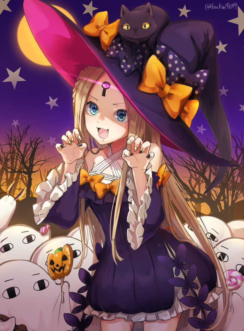 1girl abigail_williams_(fate/grand_order) absurdres bangs black_bow black_cat black_dress blonde_hair blue_eyes blush bow breasts candy cat dress fate/grand_order fate_(series) food forehead hair_bow halloween hat highres kachin lollipop long_hair looking_at_viewer medjed multiple_bows open_mouth orange_bow parted_bangs ribbed_dress sidelocks small_breasts smile witch_hat