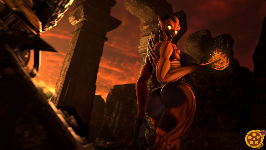 16:9 2020 3d_(artwork) anthro areola big_breasts big_butt breasts butt demon digital_media_(artwork) doom_(series) duo female female_focus fire fireball glowing glowing_eyes hi_res id_software imp_(doom) looking_at_another looking_back male male/female monster_girl_(genre) outside pose sfrogue side_boob solo_focus source_filmmaker standing thick_thighs video_games wide_hips widescreen