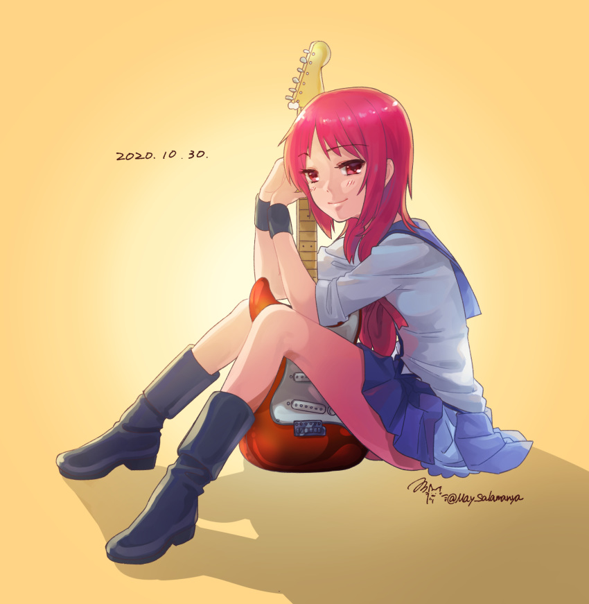 1girl angel_beats! black_footwear black_wristband blue_sailor_collar blue_skirt boots dated full_body guitar highres instrument iwasawa may_salamanya pleated_skirt red_eyes red_hair sailor_collar school_uniform serafuku shinda_sekai_sensen_uniform shirt short_hair signature sitting skirt sleeves_rolled_up solo twitter_username white_shirt yellow_background