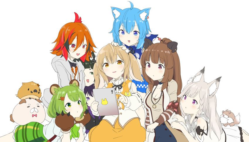 6+girls absurdres animal_ear_fluff animal_ears animare artist_request bear_ears bear_hair_ornament bear_paws black_ribbon dog_ears haibara_akane hair_ornament hashiba_natsumi_(animare) highres hinokuma_ran inaba_haneru_(animare) inari_kuromu kazami_kuku multiple_girls ribbon shiromiya_mimi souya_ichika tablet_pc twintails umori_hinako virtual_youtuber yunohara_izumi