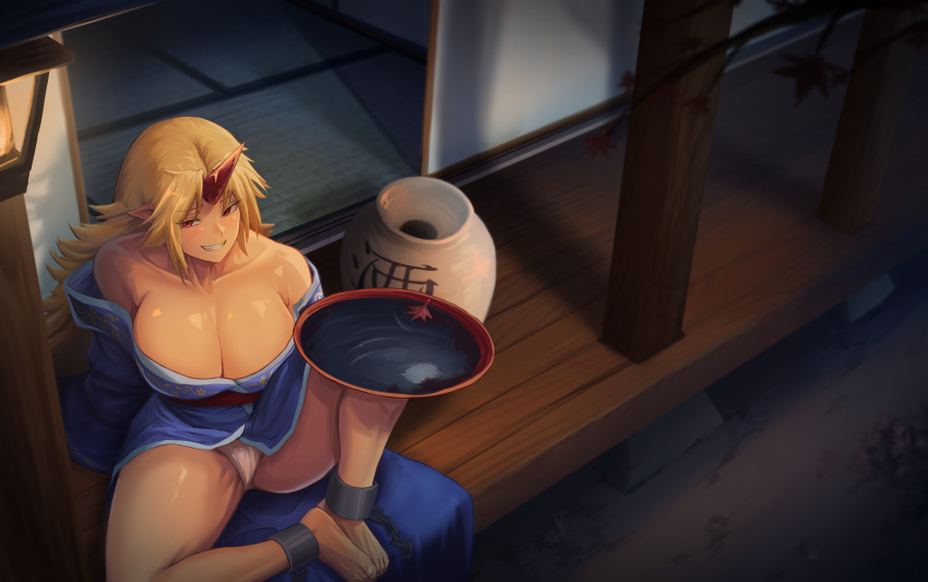 absurd_res alcohol asian_clothing asian_mythology bare_shoulders barefoot bedroom_eyes beverage big_breasts biped blonde_hair blush breasts cleavage clothed clothing demon detailed_background dish dryseaweed east_asian_clothing east_asian_mythology female fundoshi glistening glistening_body glistening_breasts glistening_skin grin hair hi_res high-angle_view holding_object horn horned_humanoid huge_breasts humanoid humanoid_pointy_ears japanese japanese_clothing japanese_mythology jug kimono lantern light_skin long_hair looking_at_viewer maple_leaf monotone_hair mythology narrowed_eyes night not_furry oni outsider pupils red_eyes red_horn sake sake_bottle seductive shackles sitting slit_pupils smile solo spread_legs spreading tatami touhou underwear video_games yuugi_hoshiguma yōkai