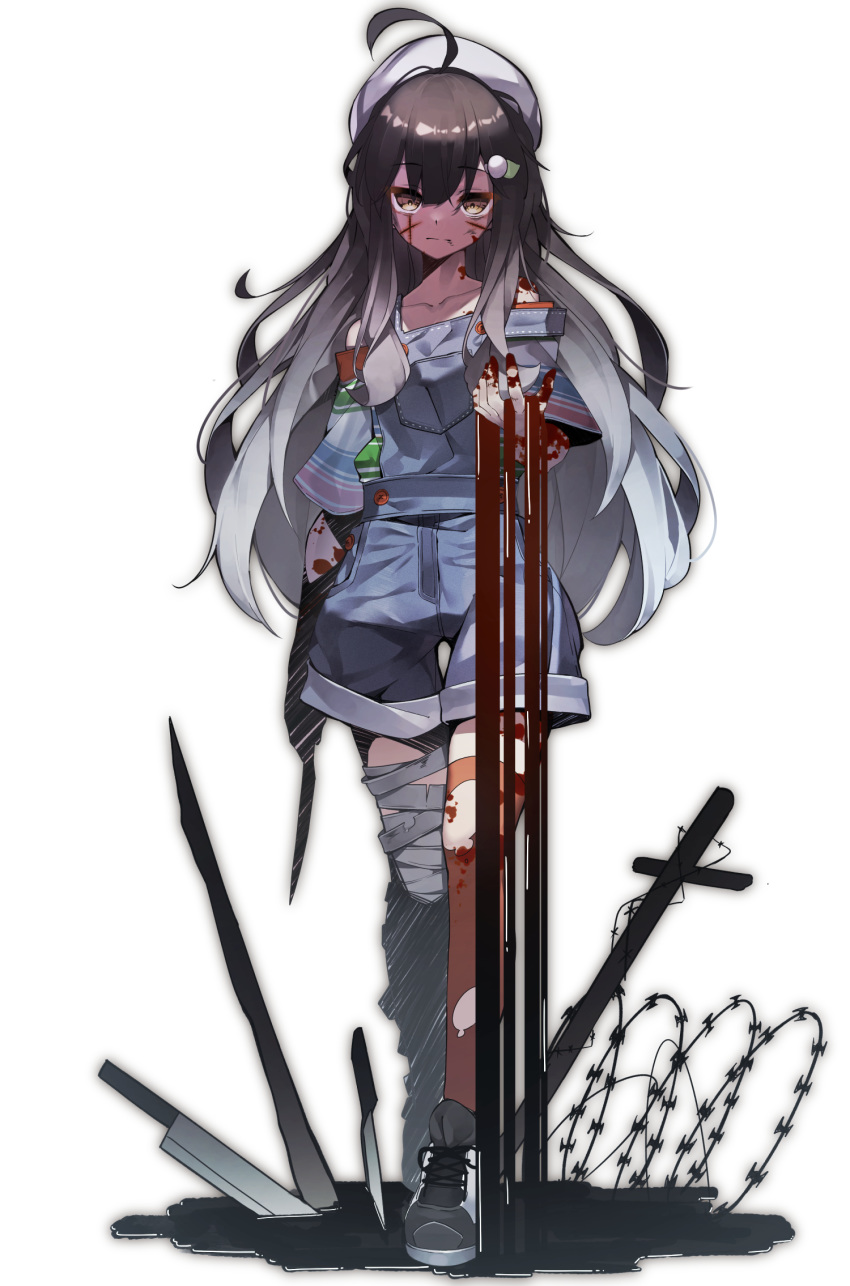 1girl ahoge bandaged_leg bandages bangs barbed_wire bare_shoulders beret blood bloody_hands brown_eyes brown_hair clip_studio_paint_(medium) closed_mouth eyebrows_visible_through_hair full_body gradient_hair grey_hair hair_between_eyes hat highres holding holding_knife knife looking_at_viewer multicolored_hair off-shoulder_shirt off_shoulder original overall_shorts scar se.a shirt shoes short_sleeves simple_background solo thigh_gap white_background white_footwear white_headwear white_shirt wide_sleeves