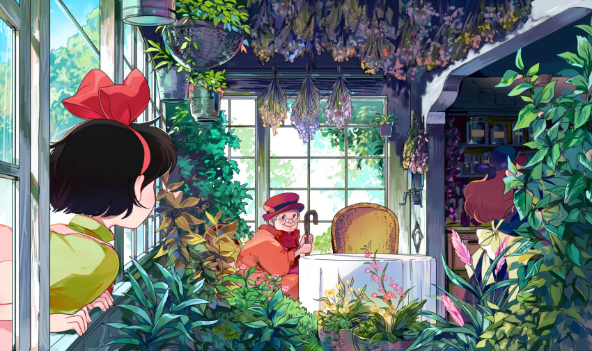 3girls brown_hair chair commentary day derivative_work dress english_commentary flower from_behind glasses green_dress hair_ribbon hat highres indoors kiki long_sleeves lulu_season majo_no_takkyuubin multiple_girls orange_dress orange_headwear pink_flower plant potted_plant red_ribbon ribbon screencap_redraw short_hair table window