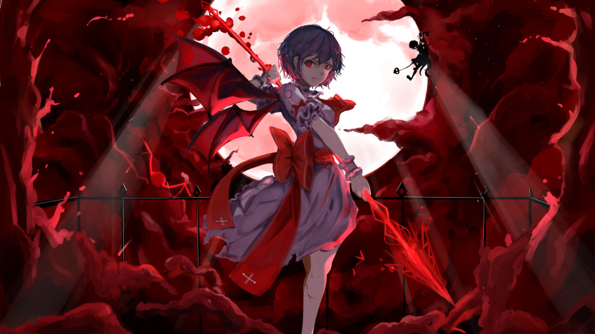 2girls arms_at_sides artist_request ascot bangs bat_wings blood blood_from_mouth blood_on_face blood_on_leg blood_splatter bow breasts chinese_commentary closed_mouth commentary_request cross cross_print dress evil_smile eyes_in_shadow feet_out_of_frame flandre_scarlet floating fog frilled_cuffs frilled_sleeves frills from_side full_body full_moon glowing glowing_eyes hand_up highres holding holding_spear holding_weapon laevatein laevatein_(tail) light_rays looking_back looking_to_the_side messy_hair moon moonlight multiple_girls no_hat no_headwear open_mouth outstretched_arm pink_dress polearm purple_hair railing red_bow red_eyes red_neckwear red_sash red_theme red_wings remilia_scarlet sash scratches serious short_hair short_sleeves sidelocks silhouette slit_pupils small_breasts smile spear spear_the_gungnir tail torn_clothes torn_dress touhou two-handed vampire weapon wings wrist_cuffs