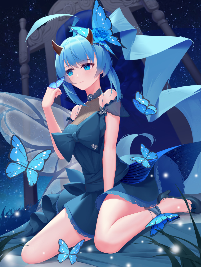 1040759917 1girl absurdres azur_lane blue_butterfly blue_dress blue_flower blue_footwear blue_hair blue_rose blue_theme breasts butterfly_wings dress eyebrows_visible_through_hair flower hair_ornament high_heels highres horns inazuma_(azur_lane) inazuma_(sunset_lightning)_(azur_lane) leg_garter long_hair medium_breasts night night_sky official_alternate_costume oni_horns outdoors rose sapphire_(gemstone) sitting sky star_(sky) starry_sky throne wariza wings