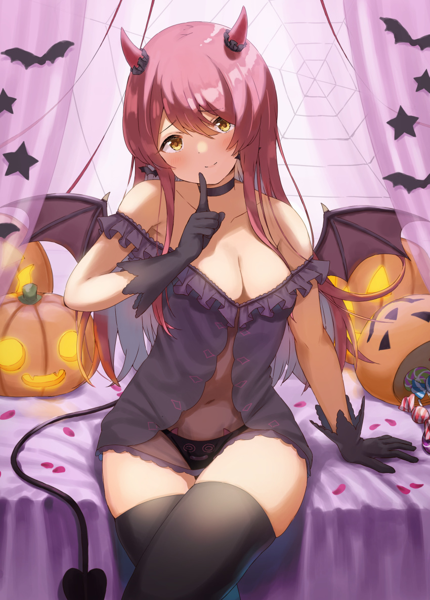 1girl absurdres arm_support bangs black_choker black_gloves black_legwear black_panties blush breasts brown_eyes brown_hair brown_wings candy candy_wrapper choker cleavage closed_mouth collarbone commentary_request crossed_legs curtains demon_girl demon_horns demon_tail demon_wings eyebrows_visible_through_hair food gloves hair_between_eyes halloween halloween_basket hand_up highres horns idolmaster idolmaster_shiny_colors index_finger_raised jack-o'-lantern lollipop long_hair medium_breasts navel off_shoulder oosaki_tenka panties see-through silk sitting smile solo spider_web swirl_lollipop tail thighhighs underwear very_long_hair wanimaru wings