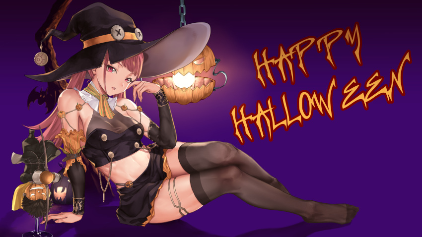 1girl absurdres alba bat black_legwear candy cape feet fire_emblem fire_emblem:_three_houses fire_emblem_heroes food food_themed_hair_ornament ghost hair_ornament halloween halloween_basket halloween_costume happy_halloween hat highres hilda_valentine_goneril jack-o'-lantern pink_eyes pumpkin pumpkin_hair_ornament pumpkin_hat striped striped_legwear trick_or_treat witch witch_hat