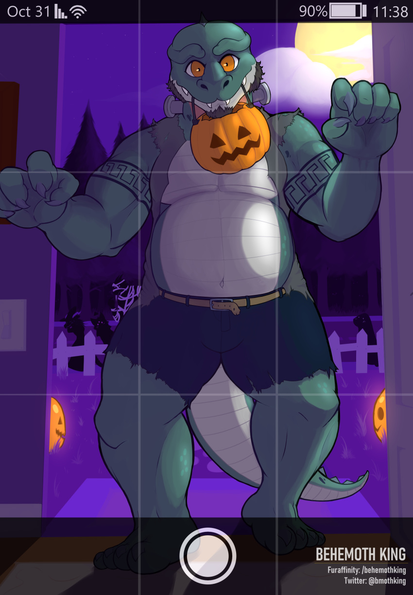 absurd_res anthro background_character basket behemothking belly big_belly bottomwear building cellphone claws clothing crocodilian denim denim_clothing detailed_background digital_media_(artwork) digital_painting_(artwork) door fangs frankenstein full_moon group halloween halloween_costume hi_res holding_object holidays house jack-o'-lantern jeans looking_at_viewer male moon musclegut muscular muscular_male night pants phone phone_camera photo reptile scales scalie smile tattoo torfi torn_bottomwear torn_clothing torn_jeans torn_pants trick_or_treat