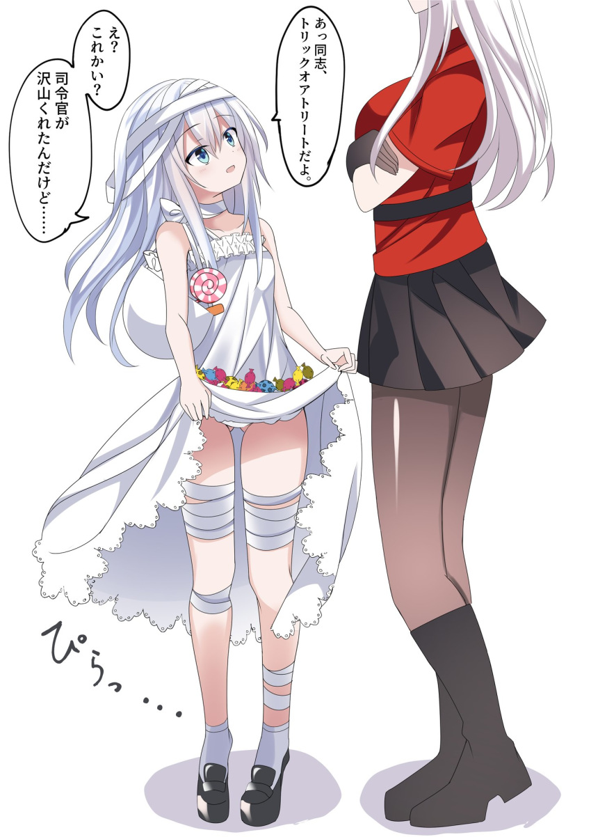 2girls bandages black_footwear black_gloves black_legwear black_skirt blue_eyes boots candy commentary_request crossed_arms dress fathom food frilled_dress frills gangut_(kantai_collection) gloves head_out_of_frame hibiki_(kantai_collection) highres kantai_collection lollipop long_hair looking_up multiple_girls mummy pantyhose pleated_skirt red_shirt shirt short_sleeves silver_hair skirt skirt_basket skirt_hold translation_request verniy_(kantai_collection) white_dress
