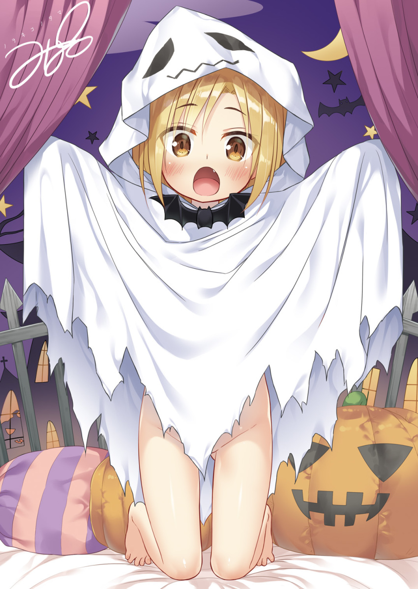 1girl :o ass_visible_through_thighs barefoot blonde_hair blush brown_eyes commentary curtains eyebrows_visible_through_hair eyes_visible_through_hair fang fence full_body ghost_costume halloween highres hood hooded_robe jack-o'-lantern kneeling looking_at_viewer naked_robe no_panties original outstretched_arms pillow signature solo spread_arms star_(symbol) white_robe yukino_minato