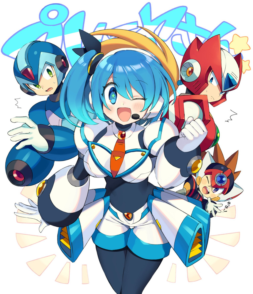 1girl 3boys android arm_cannon axl bangs blonde_hair blue_eyes blue_hair blush breasts brown_hair eyebrows_visible_through_hair green_eyes headphones helmet highres iroyopon long_hair looking_at_viewer multiple_boys open_mouth ribbon rico_(rockman) rockman rockman_x rockman_x_dive short_hair shorts side_ponytail simple_background smile spiked_hair weapon white_background x_(rockman) zero_(rockman)