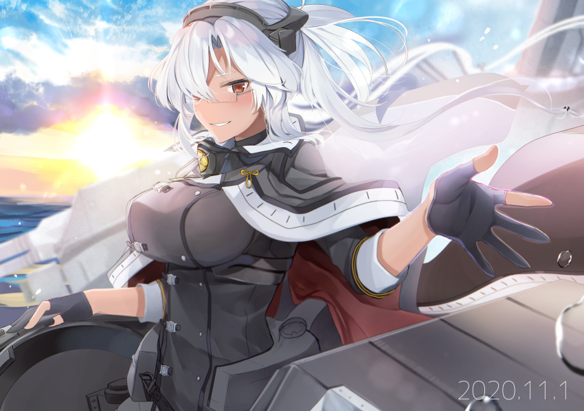 absurdres black_nails blue_sky dark_skin dated glasses gloves grey_jacket hair_between_eyes headgear highres jacket kantai_collection looking_at_viewer musashi_(kantai_collection) one_eye_covered partially_fingerless_gloves pointy_hair reaching_out red_eyes remodel_(kantai_collection) sakuramon semi-rimless_eyewear silver-framed_eyewear sky sunrise water_drop yunamaro