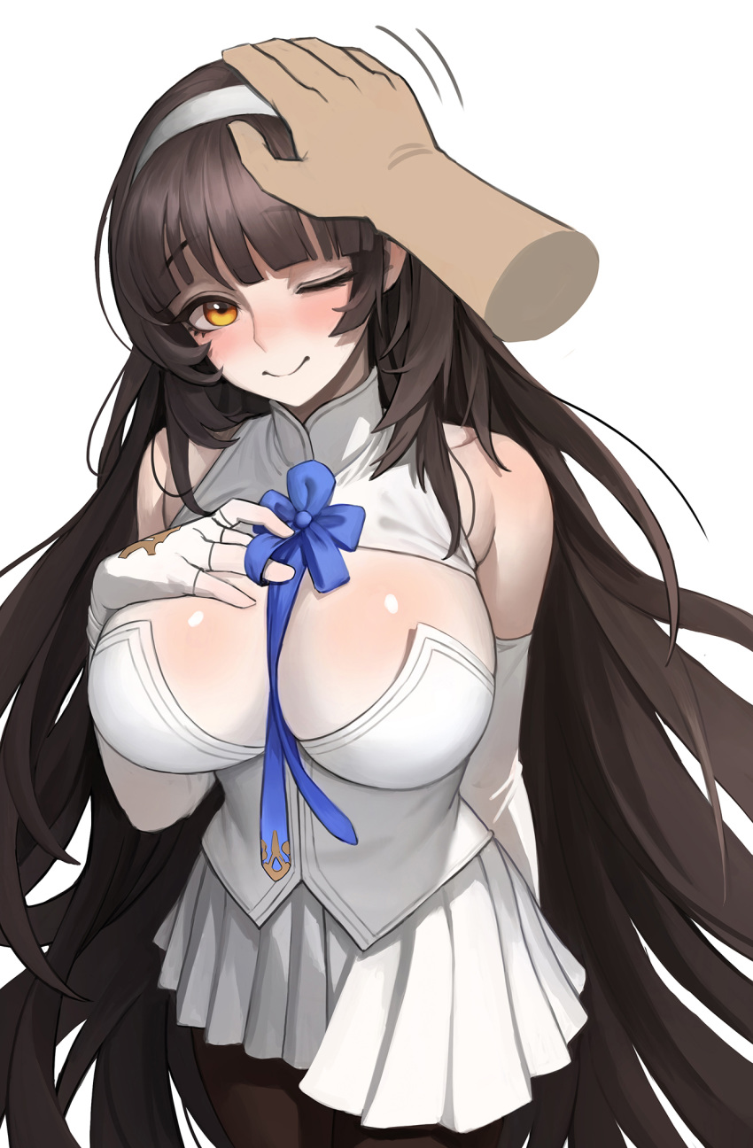 1girl bangs between_breasts black_hair black_legwear blunt_bangs blush breasts disembodied_limb fingerless_gloves girls_frontline gloves hairband hand_on_another's_head highres large_breasts long_hair one_eye_closed pantyhose petting qbz-95_(girls_frontline) shirt skirt sleeveless sleeveless_shirt smile very_long_hair white_gloves white_hairband white_shirt white_skirt yellow_eyes zako8211