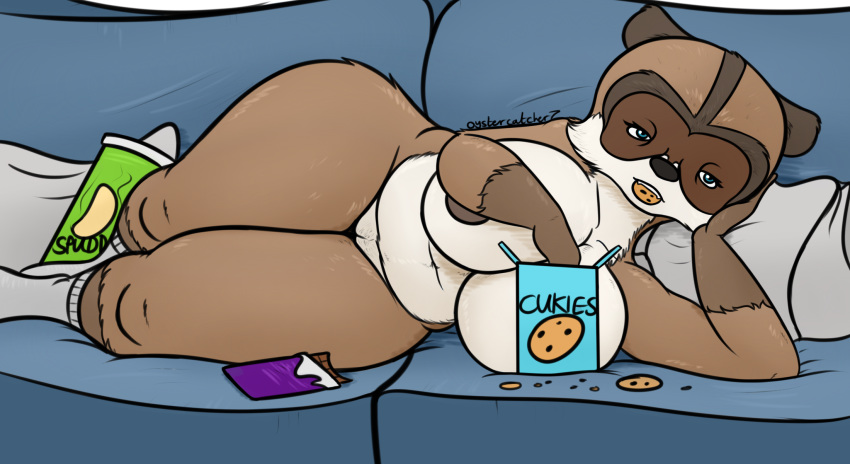 anthro anthrofied big_breasts blue_eyes breasts brown_body brown_fur candy chocolate chocolate_bar cookie crossgender dessert dreamworks female food fur furniture genitals hi_res lying mammal nipples on_side over_the_hedge oystercatcher7 procyonid pussy raccoon rj_(over_the_hedge) slightly_chubby snacks sofa solo thick_thighs wide_hips