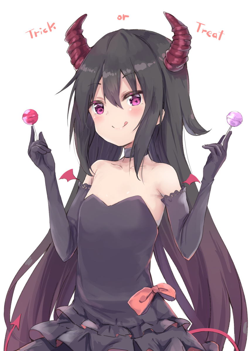 1girl :q amano_kouki bangs black_choker black_dress black_gloves black_hair blush bow brown_hair candy choker closed_mouth commentary_request dress elbow_gloves eyebrows_visible_through_hair food gloves gradient_hair hair_between_eyes hands_up highres holding holding_candy holding_food holding_lollipop horns lollipop long_hair looking_at_viewer multicolored_hair note-chan original purple_eyes red_bow simple_background smile solo strapless strapless_dress tongue tongue_out trick_or_treat very_long_hair white_background