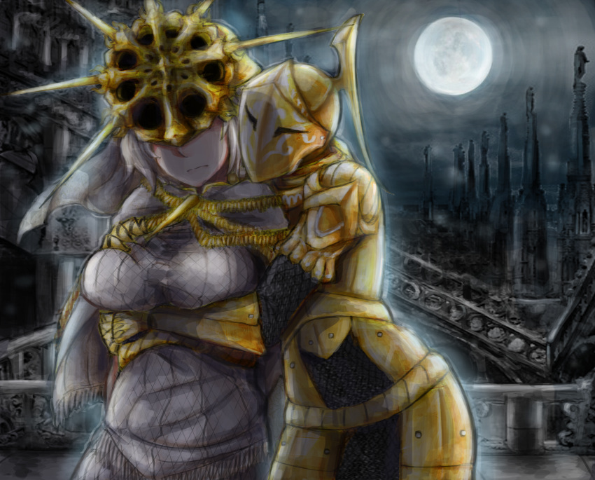 2girls arm_under_breasts breasts covered_eyes dark_souls dark_sun_gwyndolin dress full_moon highres hug hug_from_behind lady_of_the_darkling large_breasts magenta mask moon multiple_girls night outdoors souls_(from_software) sun_(symbol) veil white_dress white_hair white_robe yuri