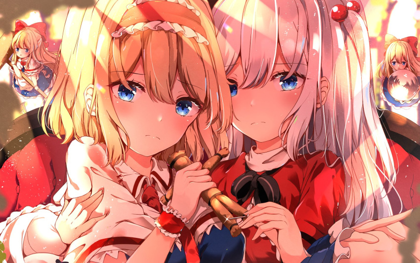 2girls alice_margatroid apron ascot black_bow blonde_hair blue_dress blue_eyes bow capelet doll dress frills hair_bobbles hair_bow hair_ornament hairband highres holding holding_shield holding_weapon hunya lolita_hairband long_hair minigirl multiple_girls necktie needle one_side_up out_of_frame puffy_short_sleeves puffy_sleeves red_bow red_dress red_neckwear ribbon shanghai_doll shield shinki short_hair short_sleeves silver_hair straw_doll touhou touhou_(pc-98) weapon