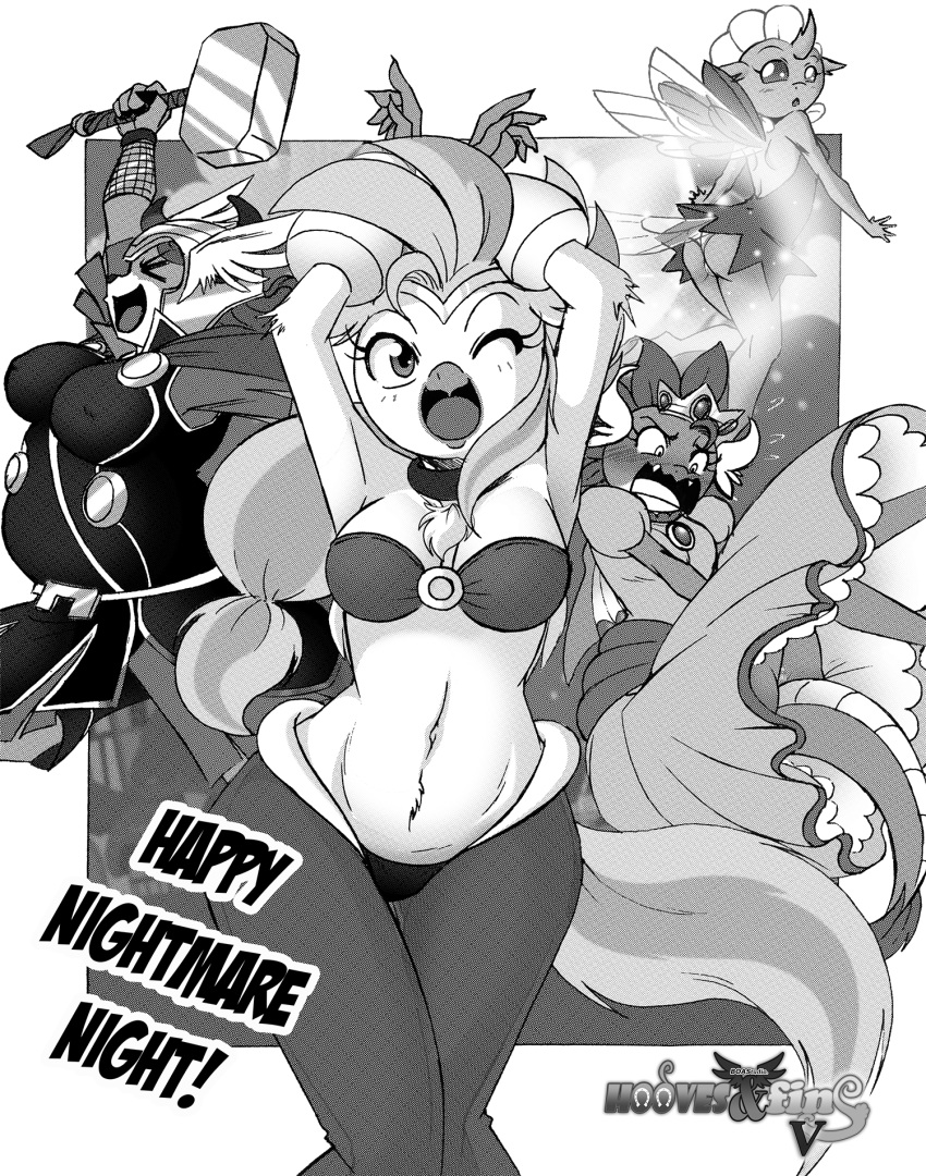 anthro anthrofied arthropod avian big_breasts blush boastudio bovid bovine breasts butt changeling chest_tuft cleavage clothed clothing collar cosplay crown disney dragon european_mythology female friendship_is_magic greek_mythology group hammer hasbro hi_res hippogriff holding_object holding_weapon mammal mario_bros marvel melee_weapon monochrome my_little_pony mythological_avian mythology nintendo nipple_outline no_underwear ocellus_(mlp) one_eye_closed panties pose princess_peach shantae shantae_(series) silverstream_(mlp) smolder_(mlp) thor_(marvel) tinkerbell tools tuft underwear video_games wayforward weapon wink yak yona_yak