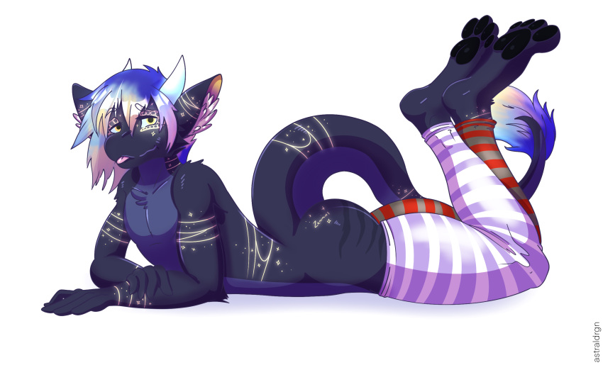 anthro astral astraldrgn claws clothing dragon feet_up fur furred_dragon girly glowing glowing_markings hi_res hindpaw horn legwear looking_at_viewer lying male markings on_front paws relaxing simple_background smile solo stockings tongue tongue_out