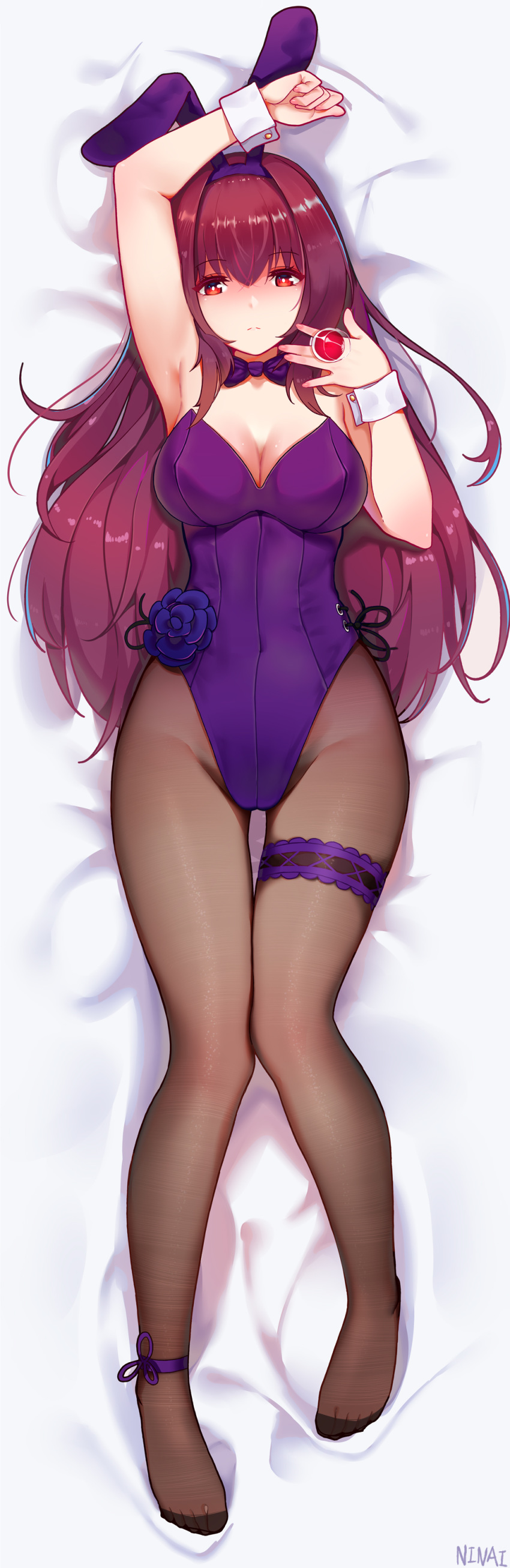 1girl absurdres animal_ears bare_arms bare_shoulders black_legwear bow bowtie bunny_ears bunny_girl bunny_tail cup dakimakura detached_collar drinking_glass fake_animal_ears fate/grand_order fate_(series) feet fishnet_legwear fishnets highres leotard long_hair ninainaidesss pantyhose playboy_bunny red_eyes red_hair scathach_(fate)_(all) scathach_(fate/grand_order) strapless strapless_leotard tail wine_glass wrist_cuffs