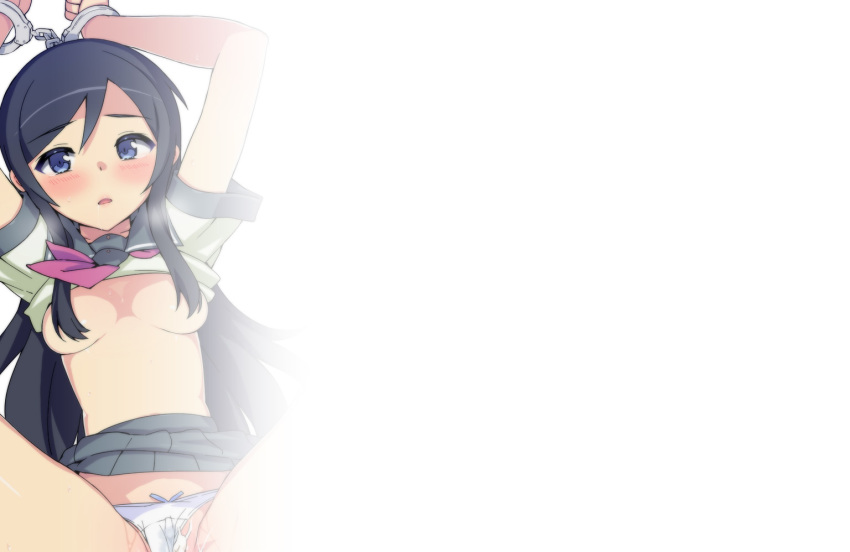 aragaki_ayase black_hair blue_eyes blush breasts covered_nipples cuffs cum cum_in_pussy cum_on_clothes handcuffs long_hair midriff no_bra ootomo_takuji ore_no_imouto_ga_konna_ni_kawaii_wake_ga_nai panties sailor_collar school_uniform shirt_lift skirt skirt_lift small_breasts underwear wallpaper white_background