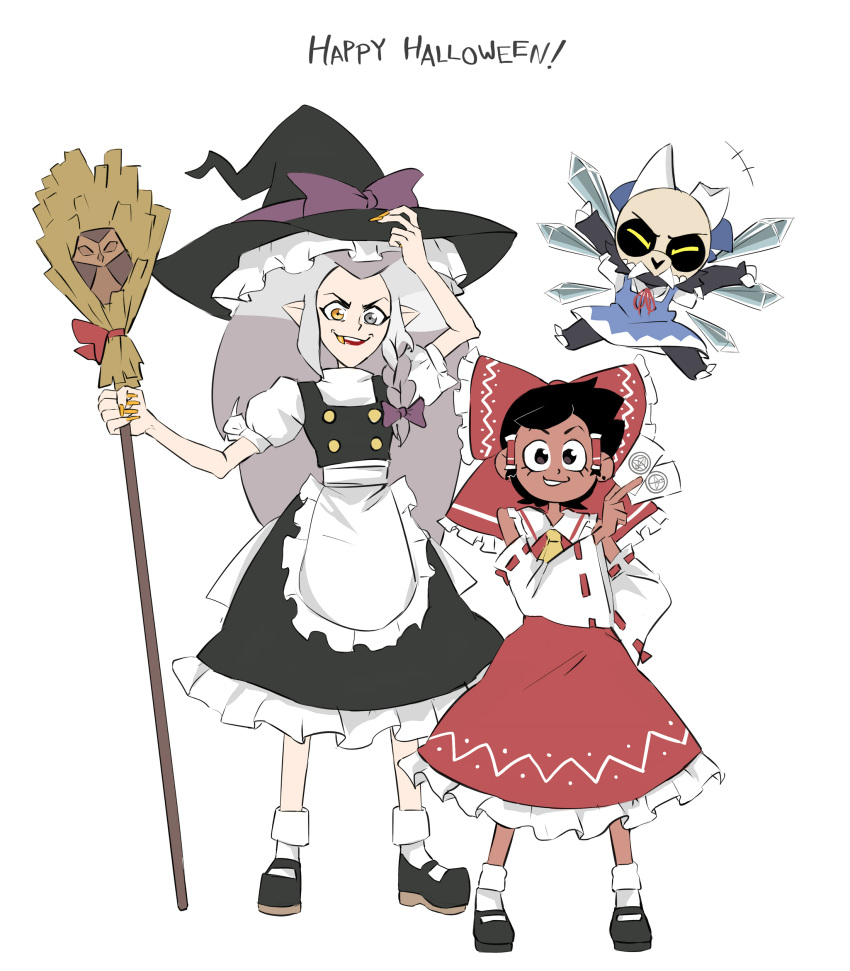 1boy 2girls absurdres black_hair bow broom cirno cirno_(cosplay) cosplay dark_skin edalyn_clawthorne eyelashes fang floating glyph grey_hair hair_bow hakurei_reimu hakurei_reimu_(cosplay) happy_halloween hat heterochromia highres king_(the_owl_house) kirisame_marisa kirisame_marisa_(cosplay) looking_at_viewer luz_noceda multiple_girls pointy_ears short_hair simple_background smile tarot the_owl_house tohrkgk touhou witch_hat