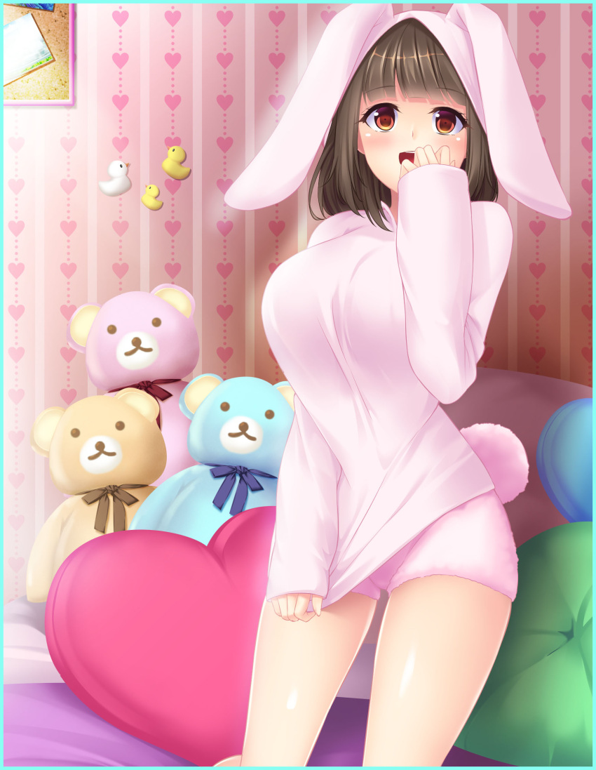 1girl :d animal_ears animal_hood artist_request bangs blunt_bangs brown_eyes brown_hair bunny_hood bunny_pajamas character_request clothes_tug eyebrows_visible_through_hair fake_animal_ears fake_tail heart heart_pillow heart_print highres hood hood_up hooded_sweater indoors long_hair long_sleeves looking_at_viewer pillow rabbit_ears rabbit_tail shiny shiny_hair short_shorts shorts sleeves_past_wrists smile solo standing stuffed_animal stuffed_toy sweater sweater_tug tail teddy_bear white_shorts white_sweater